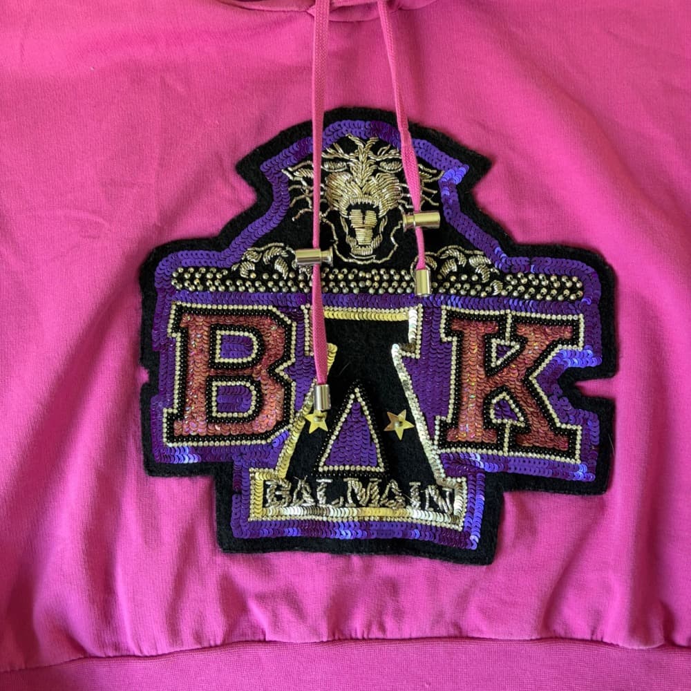Balmain x Beyonce BAK Pink Cropped Hoodie Sequin Crest Womens Small — photo 1