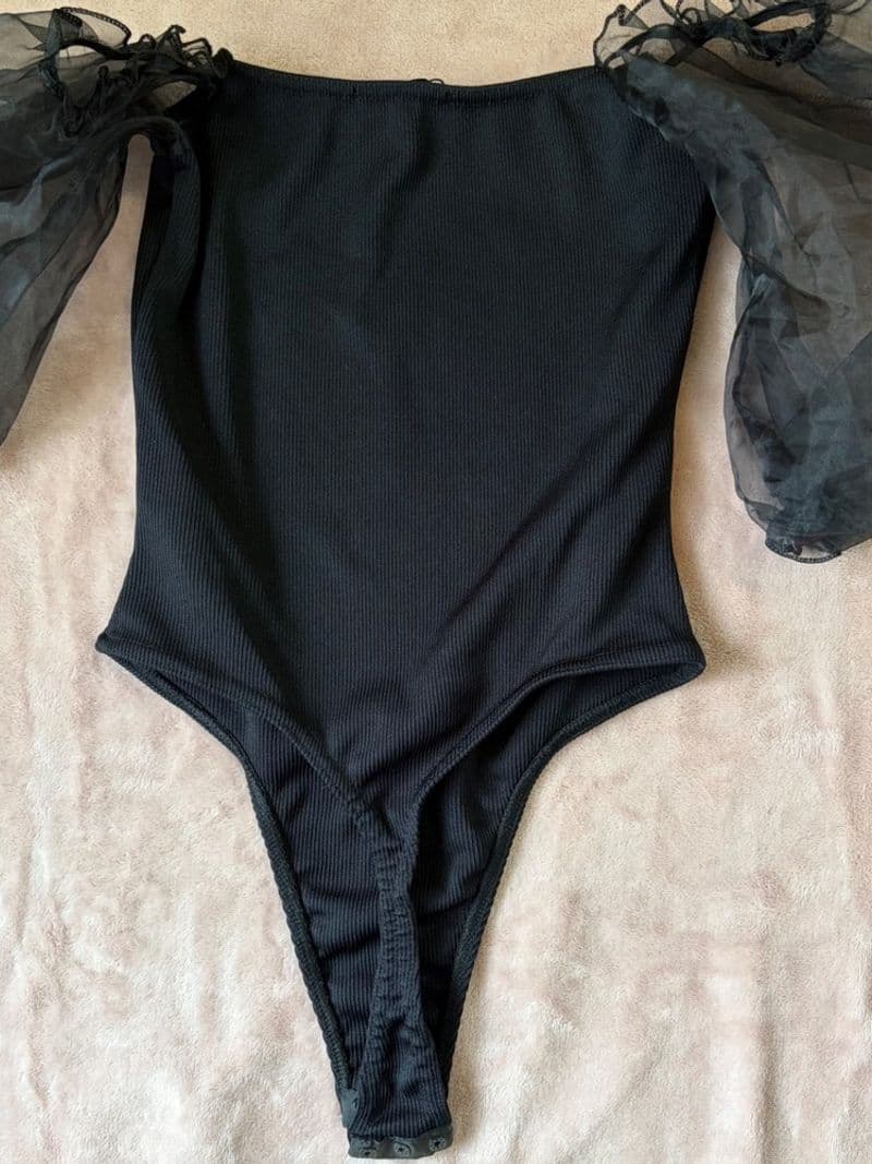 Missguided Black Organza Puff Sleeve Bodysuit Ribbed Thong TJF21387 Womens 4 NEW — photo 2
