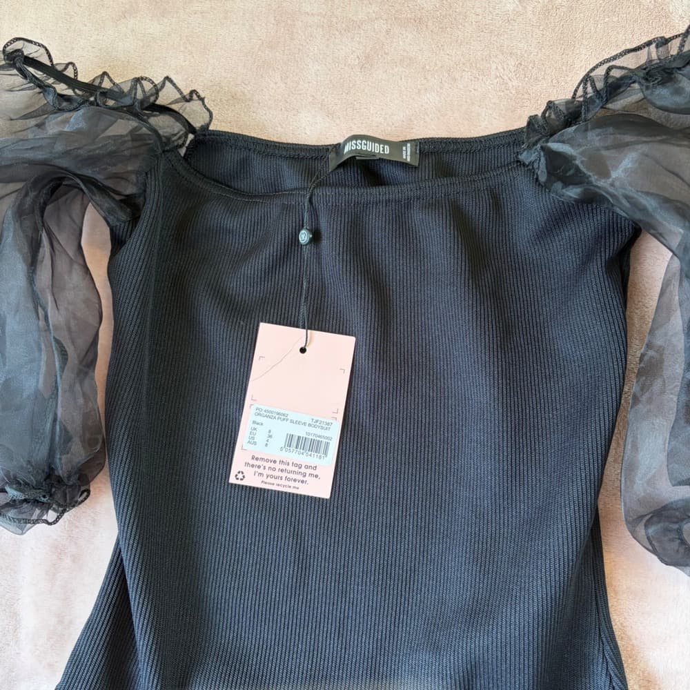 Missguided Black Organza Puff Sleeve Bodysuit Ribbed Thong TJF21387 Womens 4 NEW — photo 1