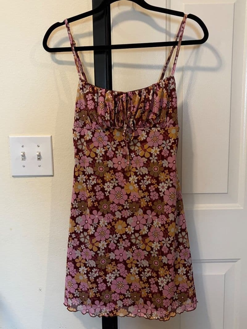 SHEIN MOD Retro Floral Mesh Mini Dress Pink Yellow Brown 70s Style NWT Size M — photo 4