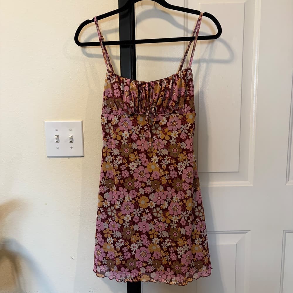 SHEIN MOD Retro Floral Mesh Mini Dress Pink Yellow Brown 70s Style NWT Size M — photo 4