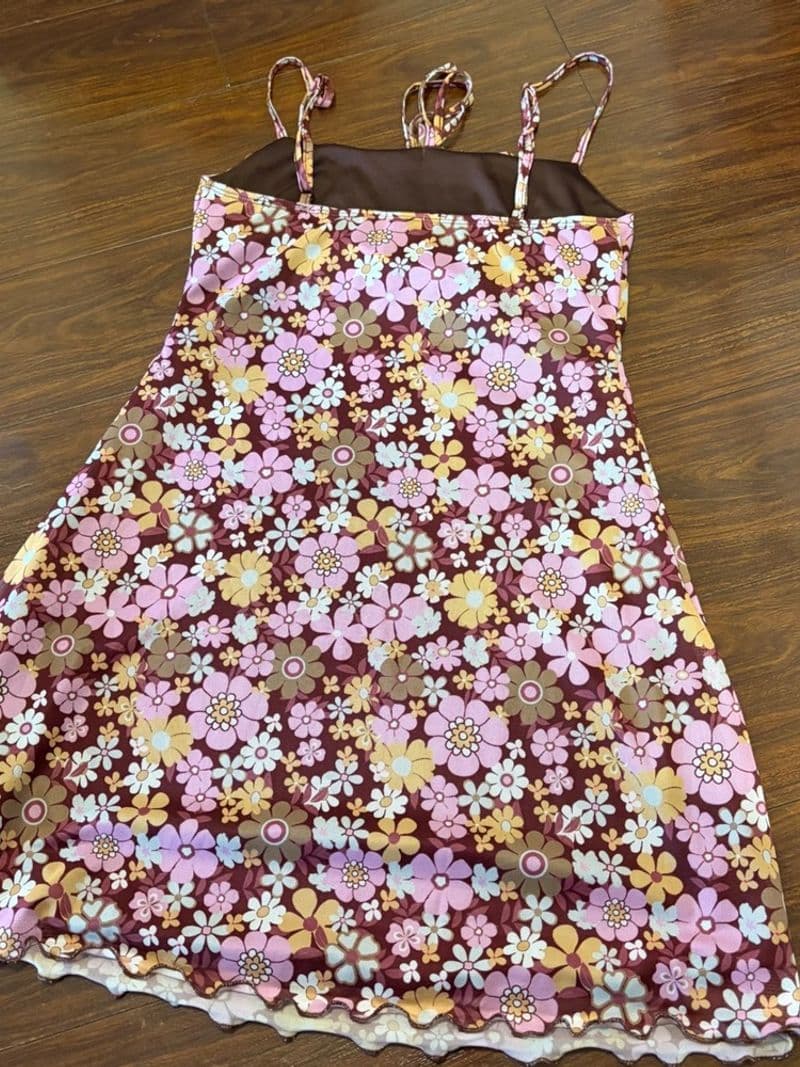 SHEIN MOD Retro Floral Mesh Mini Dress Pink Yellow Brown 70s Style NWT Size M — photo 2