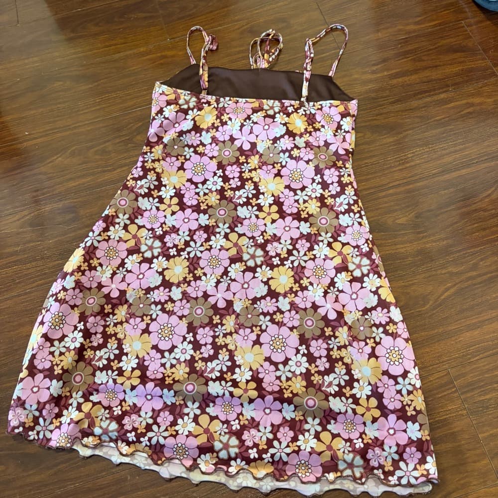SHEIN MOD Retro Floral Mesh Mini Dress Pink Yellow Brown 70s Style NWT Size M — photo 2
