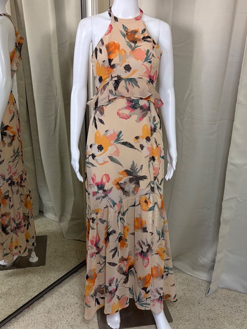BCBGeneration Floral Halter Maxi Dress Peplum Ruffle Back Cutout Peach Orange 2 — photo 1