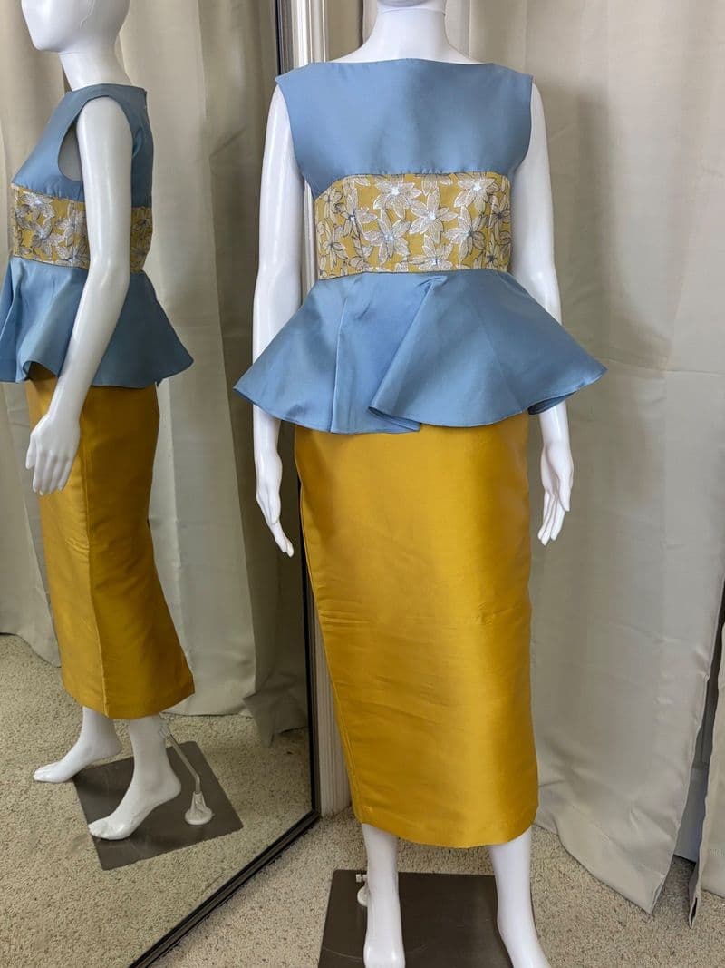 Destree Yellow Blue Peplum Maxi Dress Floral Jacquard 24R4DRE60 Size S NWT — photo 1