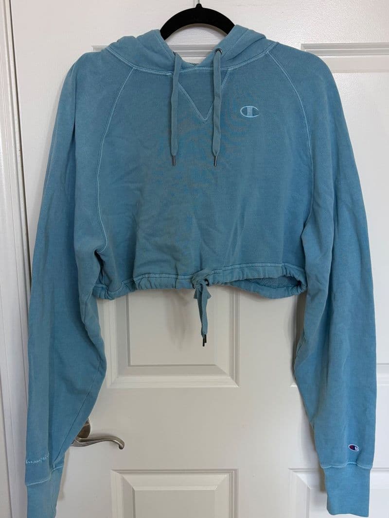 Champion Womens Cropped Hoodie Light Blue Drawstring Hem Sweatshirt Medium — photo 1