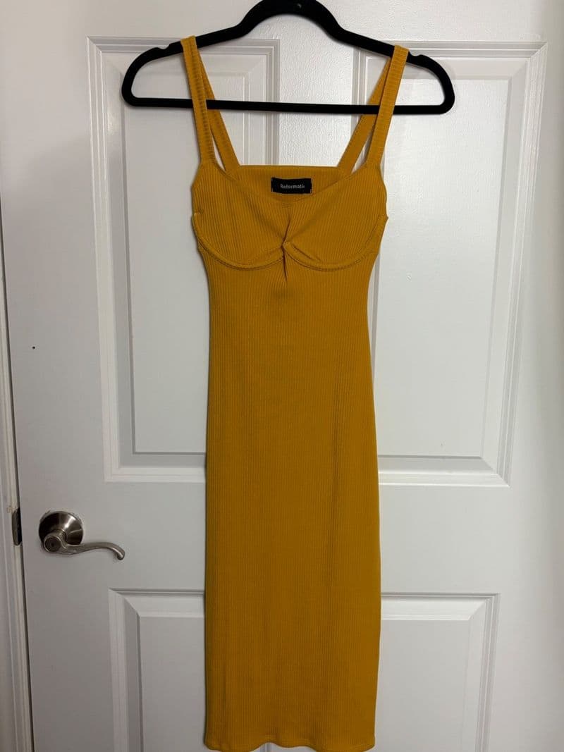 Reformation Mustard Yellow Ribbed Midi Dress Open Back XS Sweetheart Neckline — photo 1