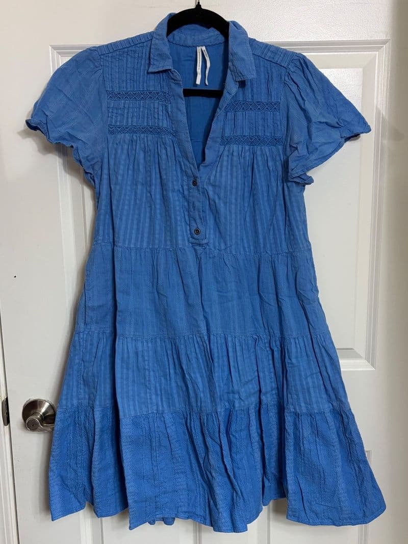 Anthropologie Blue Tiered Mini Dress Short Sleeve Crochet Lace Dobby Small — photo 1