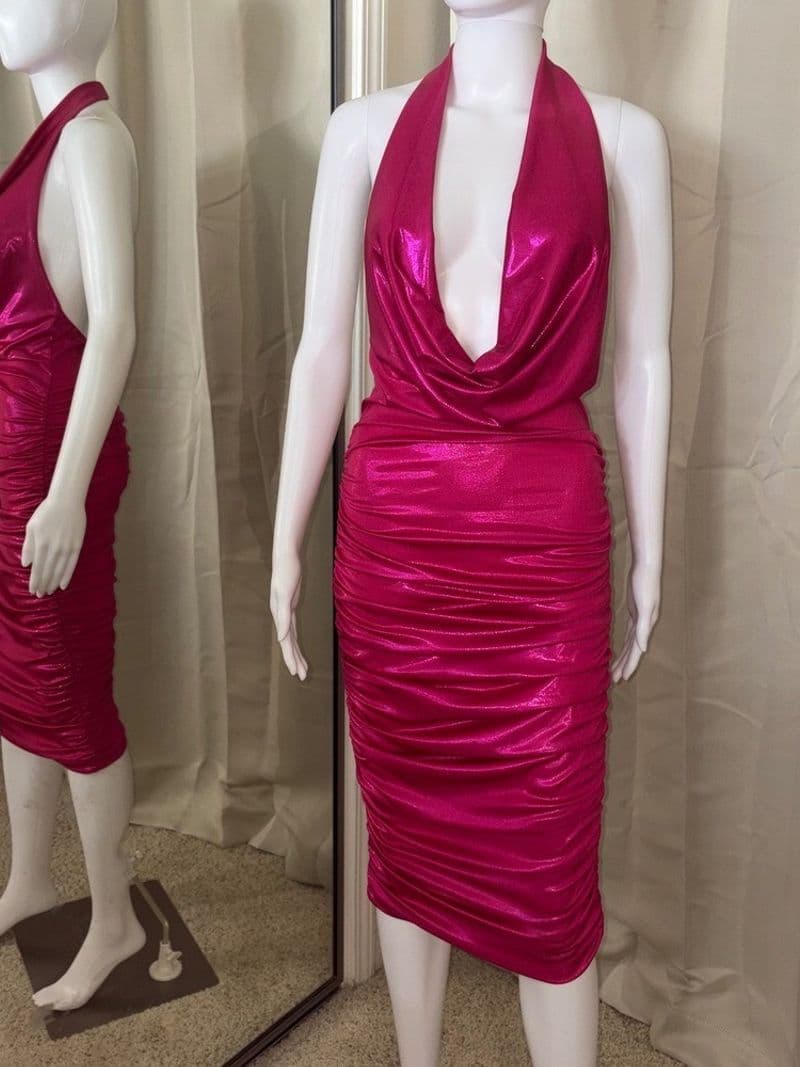 Fashion Nova Metallic Hot Pink Ruched Halter Midi Dress Open Back Cowl Neck L — photo 1