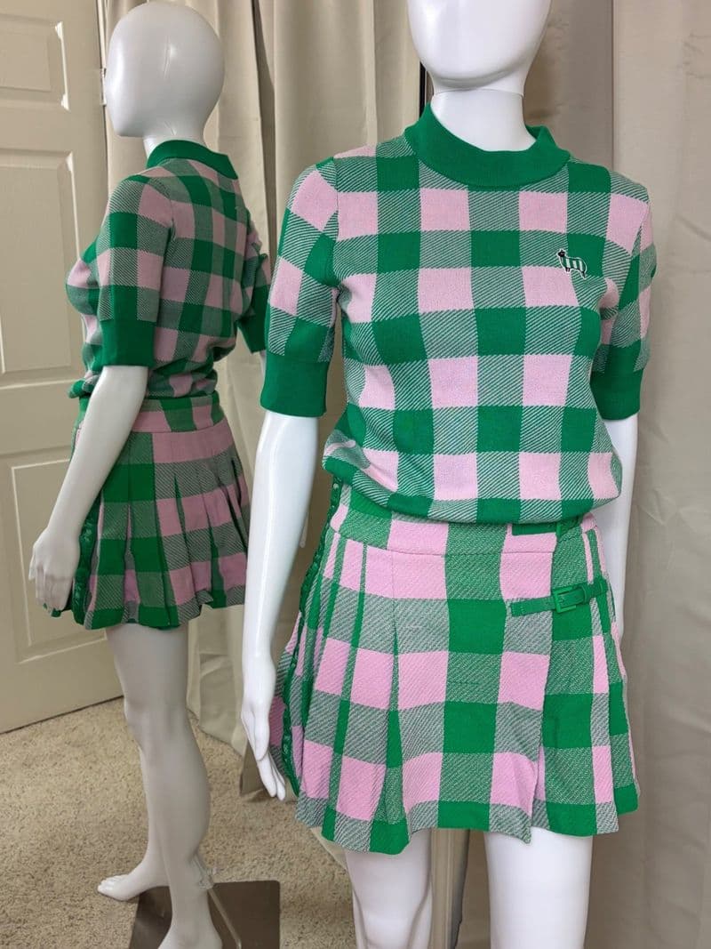 United Colors of Benetton Gingham Knit Set Green Pink Mock Neck Top Mini Skirt — photo 1