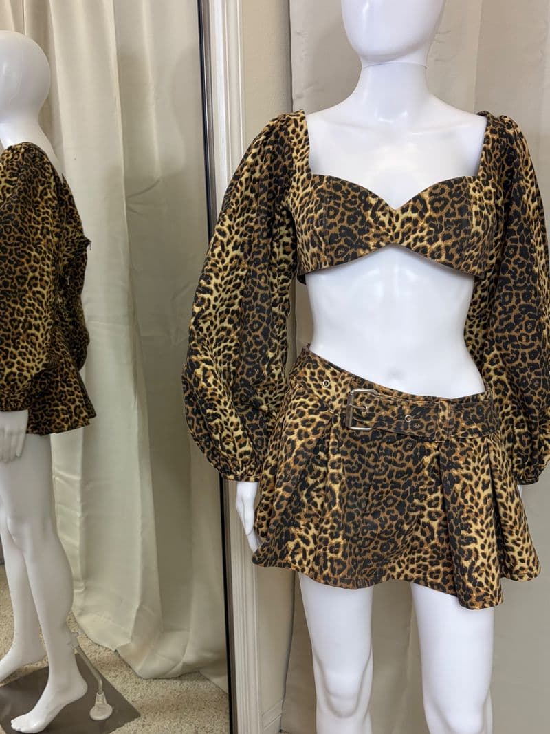Strike Oil The Future is Past Leopard Print 2 Piece Puff Sleeve Top Mini Skirt L — photo 1