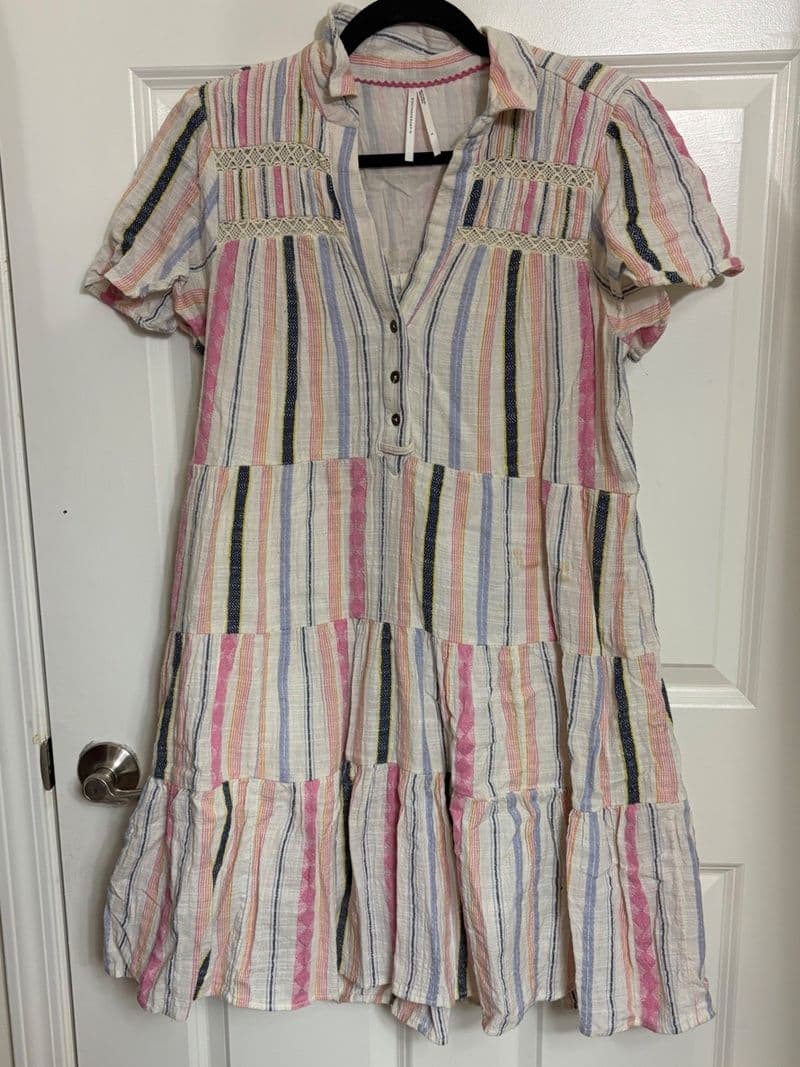 Anthropologie Striped Tiered Mini Dress Short Sleeve Lace Trim Boho Multi S — photo 1