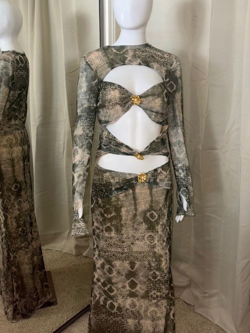 Olive Green Geometric Print Cutout Maxi Dress Gold Brooch Detail L — photo 1