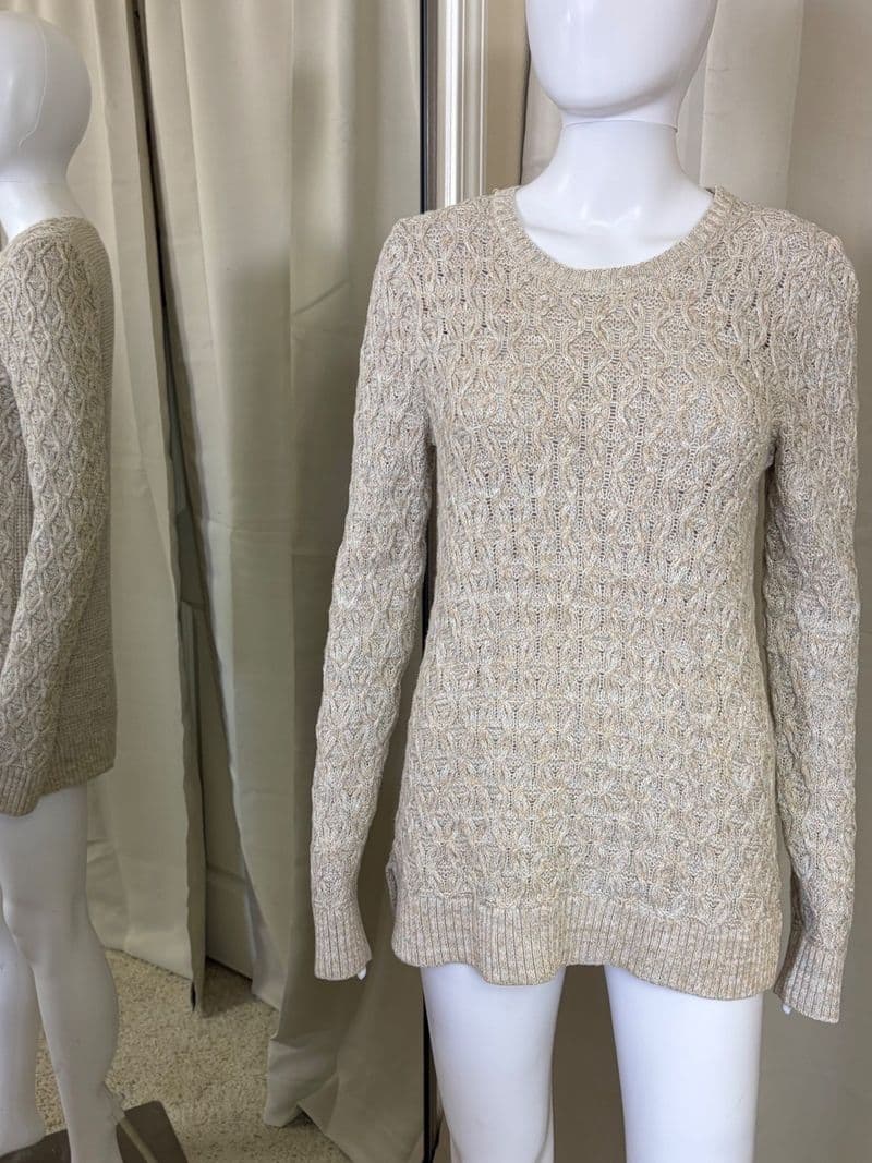 Jeanne Pierre Womens Beige Cotton Cable Knit Crewneck Sweater Small Marled Tan — photo 1