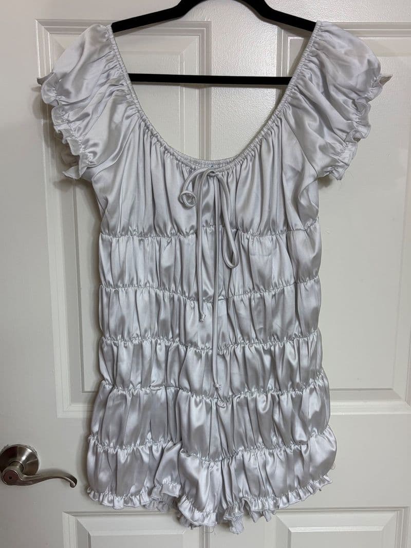Fashion Nova Silver Satin Ruched Romper Medium Puff Sleeve Ruffle Tiered Bodycon — photo 1