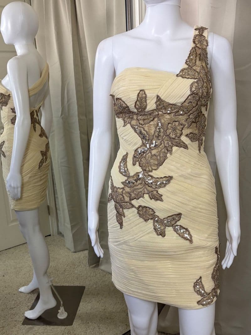 Sue Wong One Shoulder Cream Champagne Sequin Lace Pleated Cocktail Mini Dress — photo 1