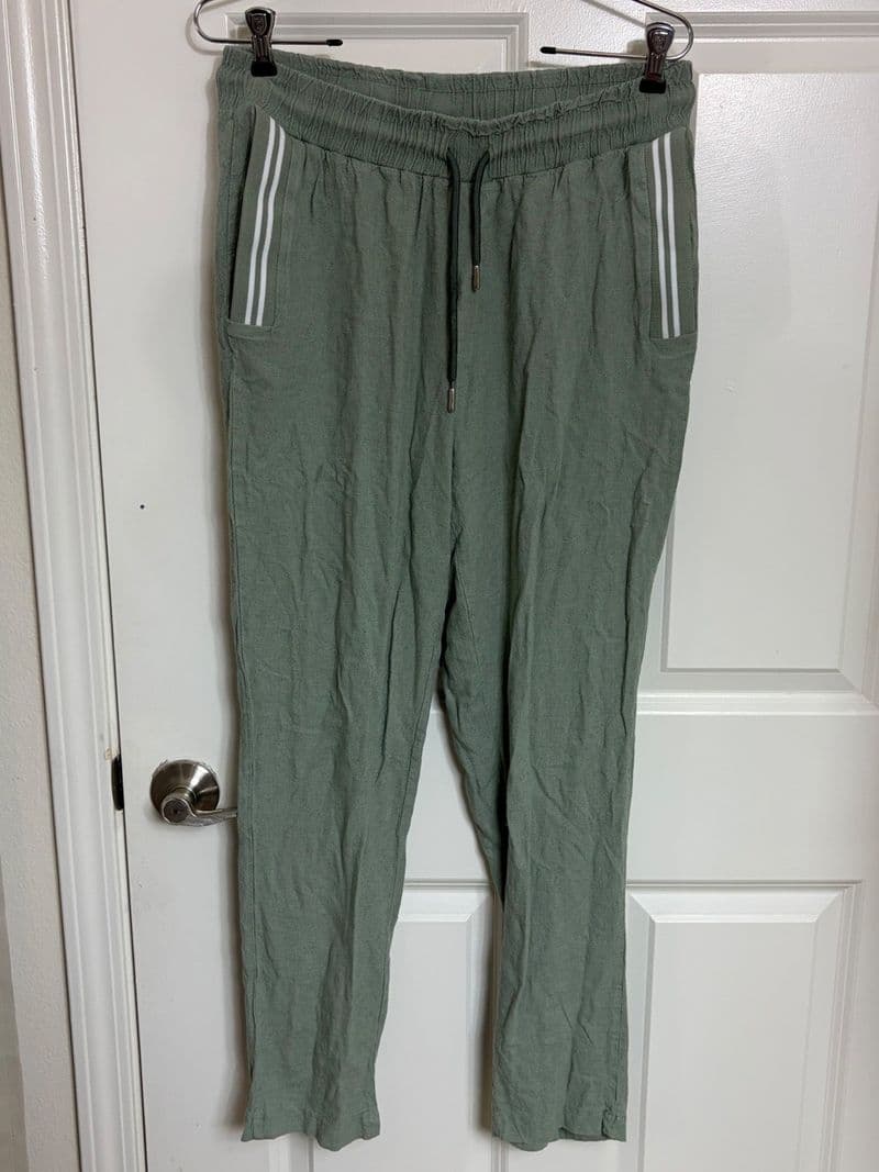 Eksi-1 Sage Green Linen Blend Jogger Pants Racing Stripe Pockets Size Small — photo 1