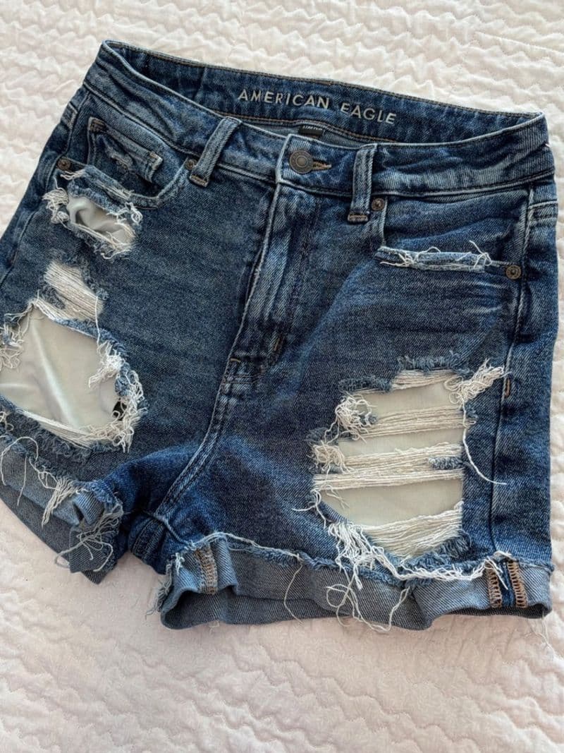 American Eagle Distressed High Waisted Denim Shorts Blue Size 4 Stretch Raw Hem — photo 1