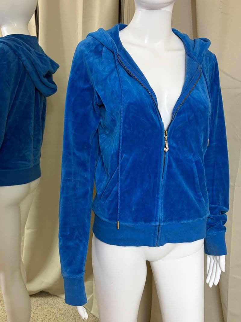 Juicy Couture Blue Velour Hoodie Rhinestone J Zipper Pull Y2K Womens L — photo 1