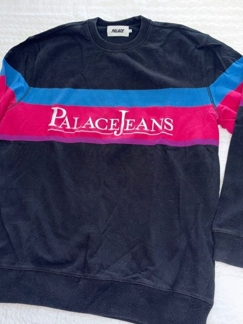 Palace Jeans Crew Sweatshirt Black Pink Blue Striped Logo Pullover Mens Large — photo 1