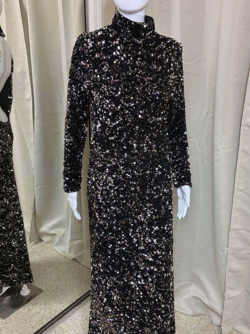 Zara Sequin Open Back Maxi Dress Black Silver Long Sleeve Mock Neck Gown Large — photo 1