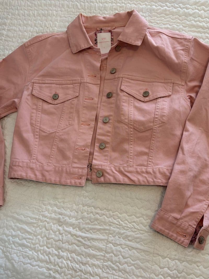 Gap x LoveShackFancy Pink Denim Jacket Cropped Floral Lining Trucker Small — photo 1