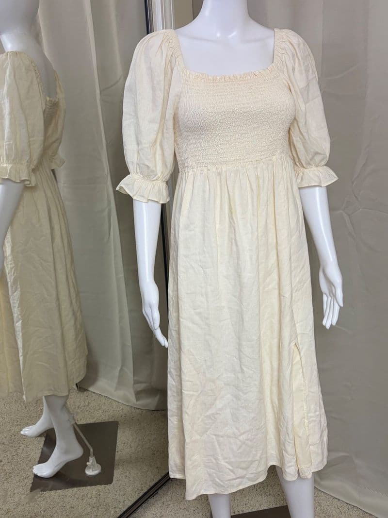 Gap Cream Linen Blend Smocked Midi Dress Off Shoulder Puff Sleeve Ivory Small — photo 1