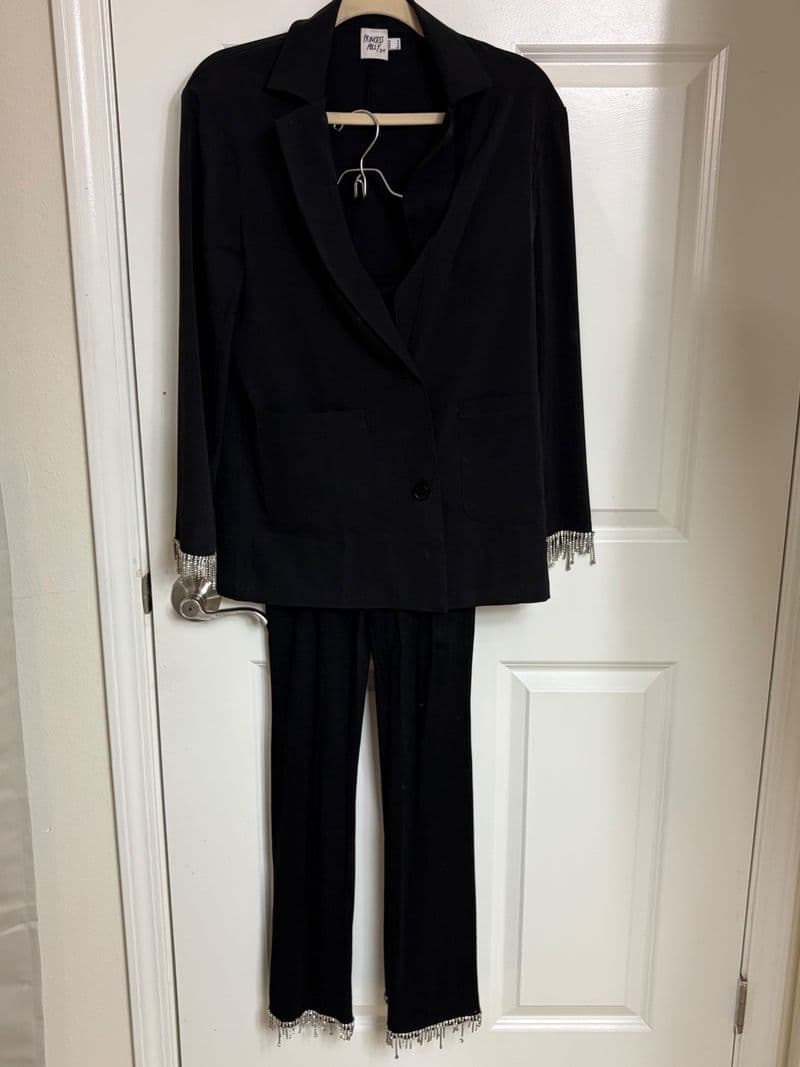 Princess Polly Womens Black Rhinestone Fringe Blazer and Pant Suit Set Size 0 — photo 1