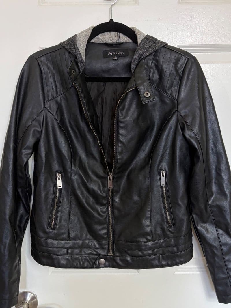 New Look Womens Black Faux Leather Moto Biker Jacket with Grey Hood Size M — photo 1