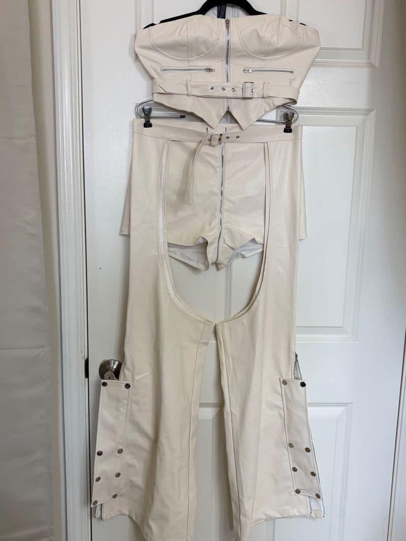 Cream Faux Leather 3 Piece Festival Set Corset Top Shorts and Chaps Cream — photo 1