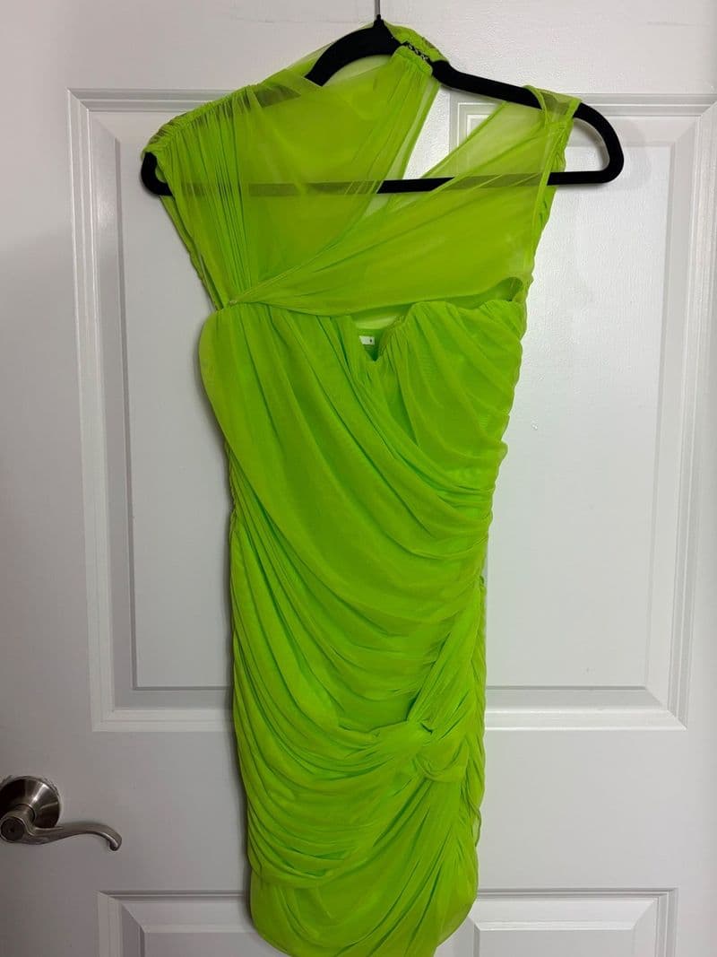 House of CB Adrie Neon Lime Green Ruched Mesh Mini Dress Asymmetric Size S — photo 1