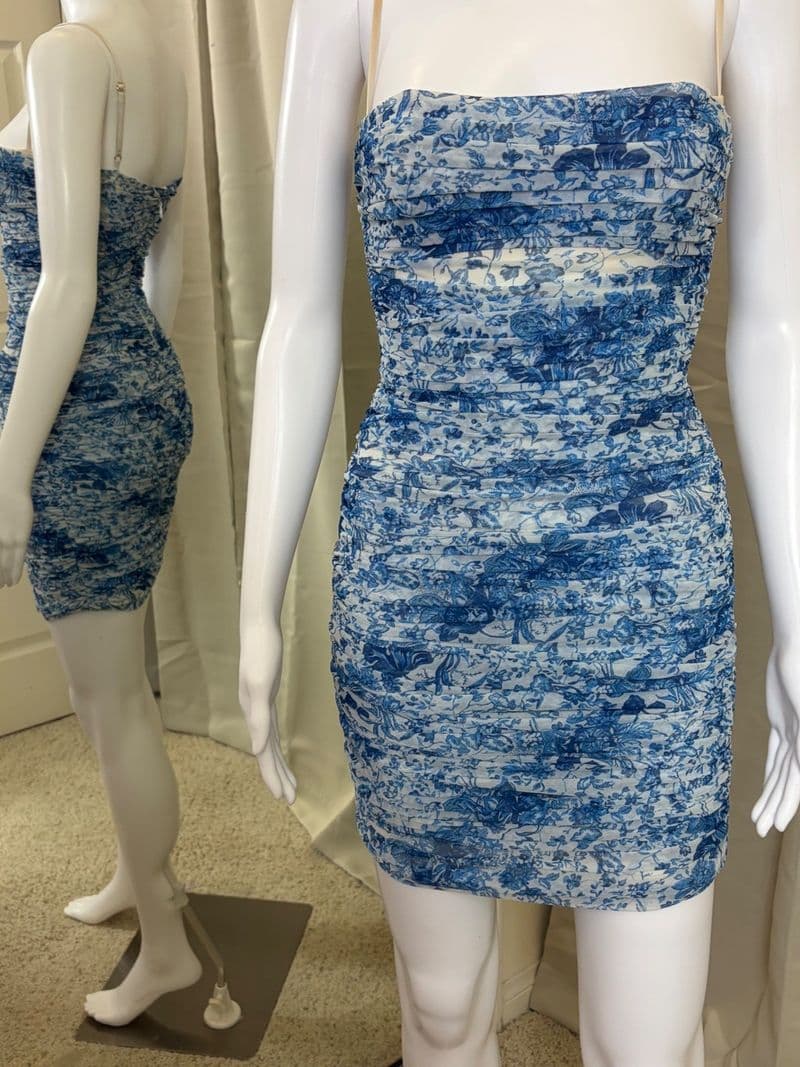 House of CB London Blue White Floral Ruched Mesh Mini Dress Toile De Jouy Small — photo 1