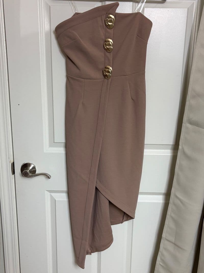 Fashion Nova Mauve Taupe Strapless Asymmetrical Button Front Midi Dress Medium — photo 1