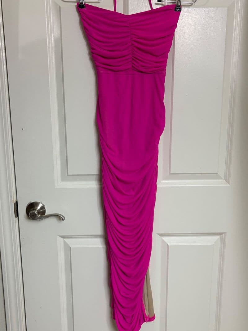 Fashion Nova Life After Love Mesh Midi Dress Hot Pink Ruched Halter Open Back M — photo 1
