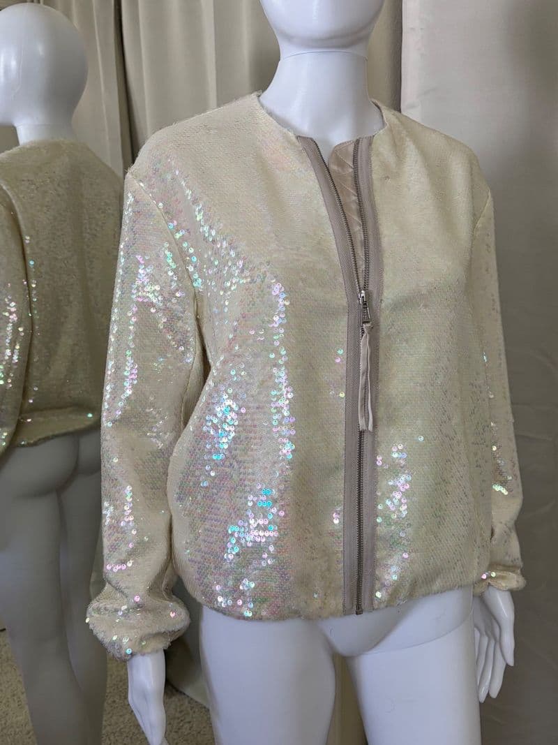 Zara Iridescent Sequin Bomber Jacket Cream White Zip Up Small l NWT — photo 1