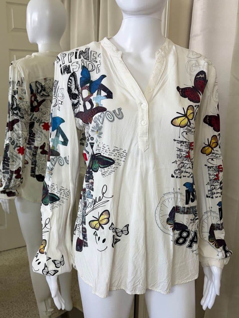Desigual Womens Butterfly Graphic Print Long Sleeve Button Tunic Blouse White M — photo 1