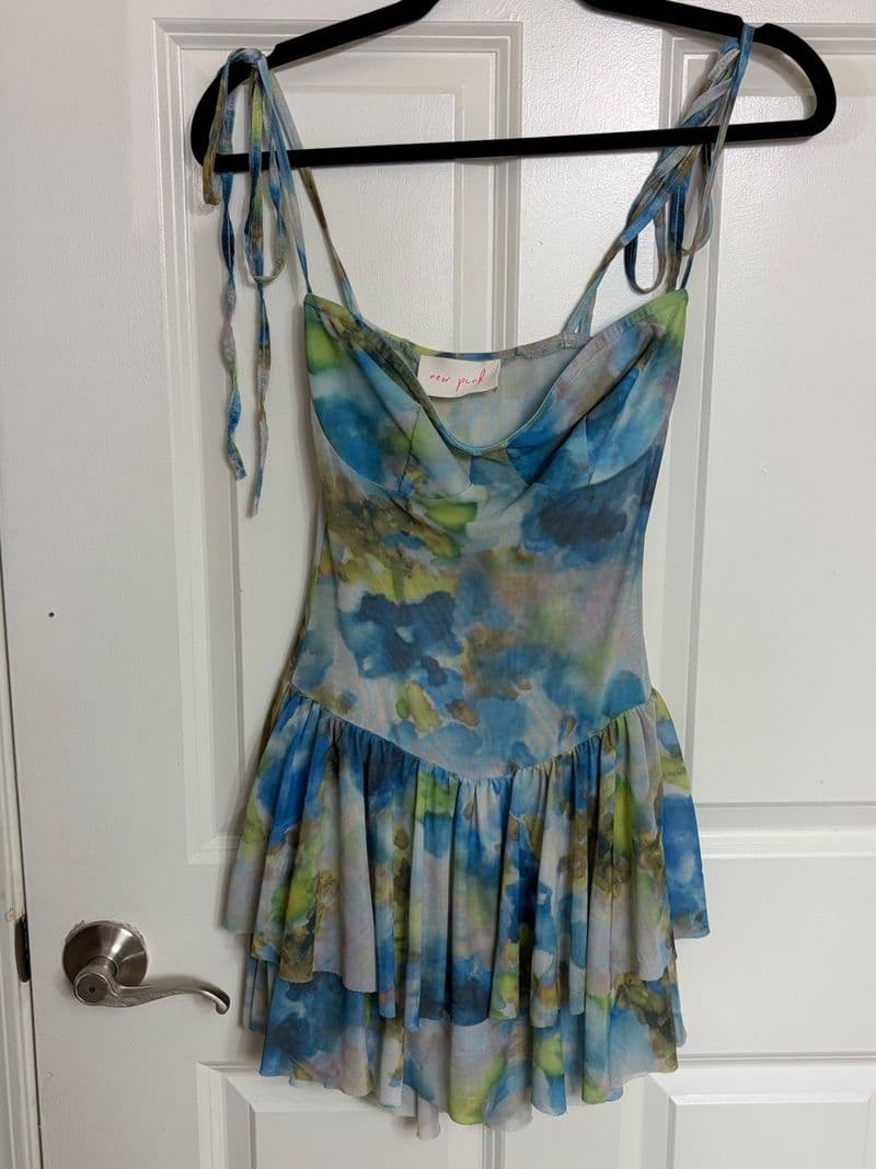 New Pink Girls Watercolor Floral Mesh Romper Dress Blue Green Tiered Ruffle L — photo 1