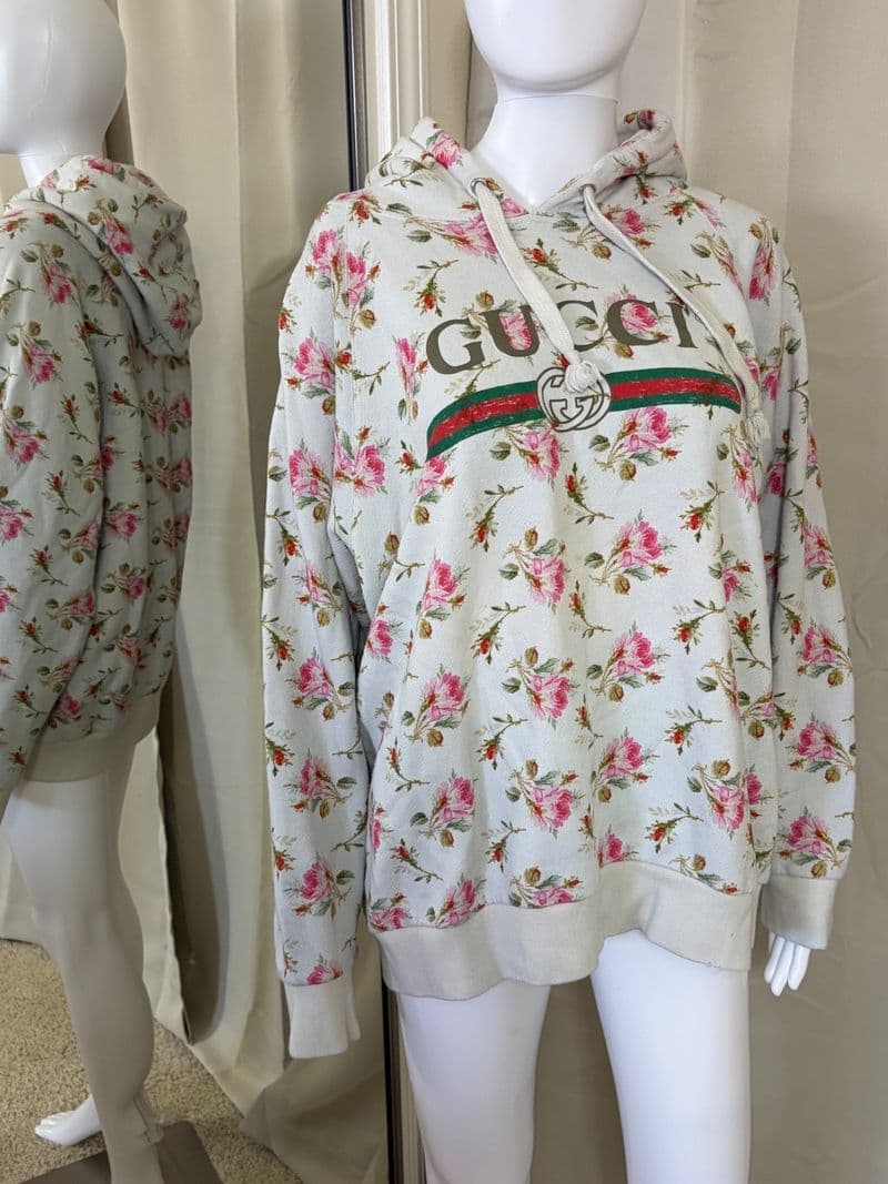 Gucci Floral Print Hoodie Rose Logo Web Stripe Off-White Cotton Mens Large — photo 1