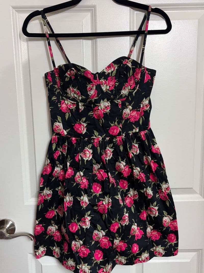 Indie Sleaze Black Pink Rose Floral Bustier Mini Dress Sz US 4 Sweetheart Summer — photo 1