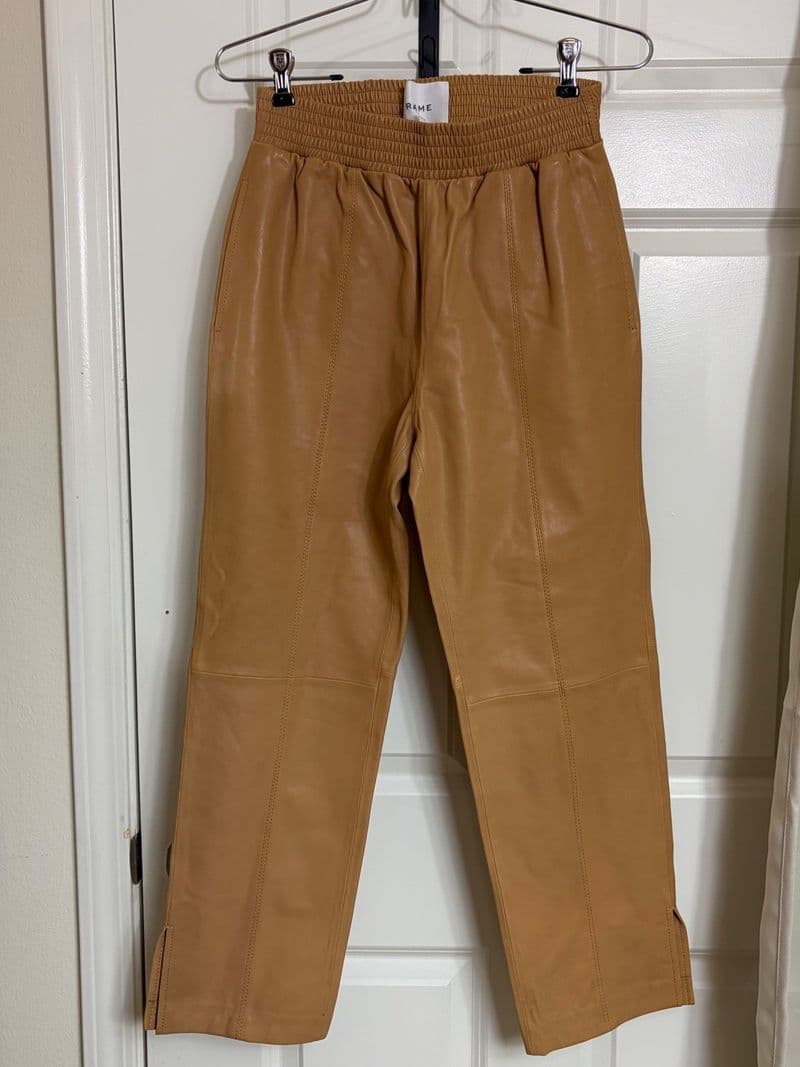 FRAME Butterscotch Lamb Leather Joggers Tan Smocked Elastic Waist Pants XS — photo 1