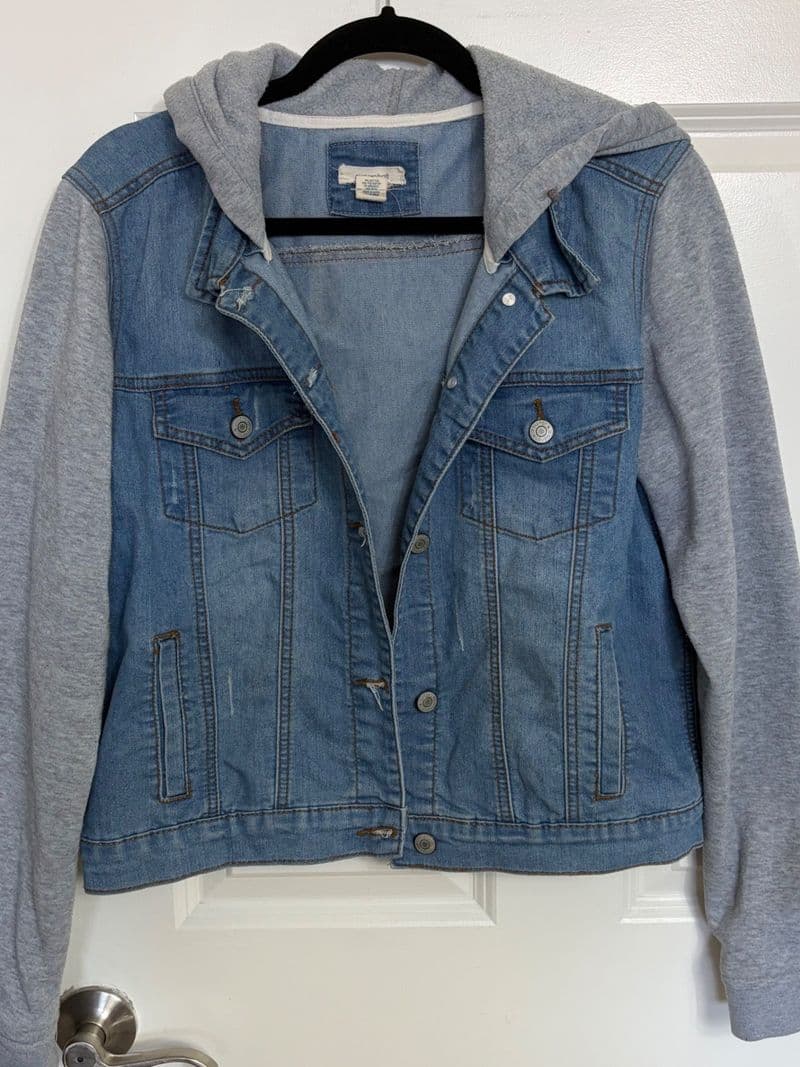 Blue Asphalt Denim Jacket Gray Hooded Sleeves Mixed Media Trucker Large L — photo 1