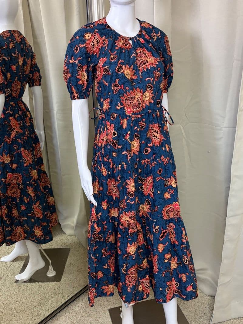 A.L.C. Delfine Floral Cotton Midi Dress Blue Orange Tiered Puff Sleeve Size 00 — photo 1