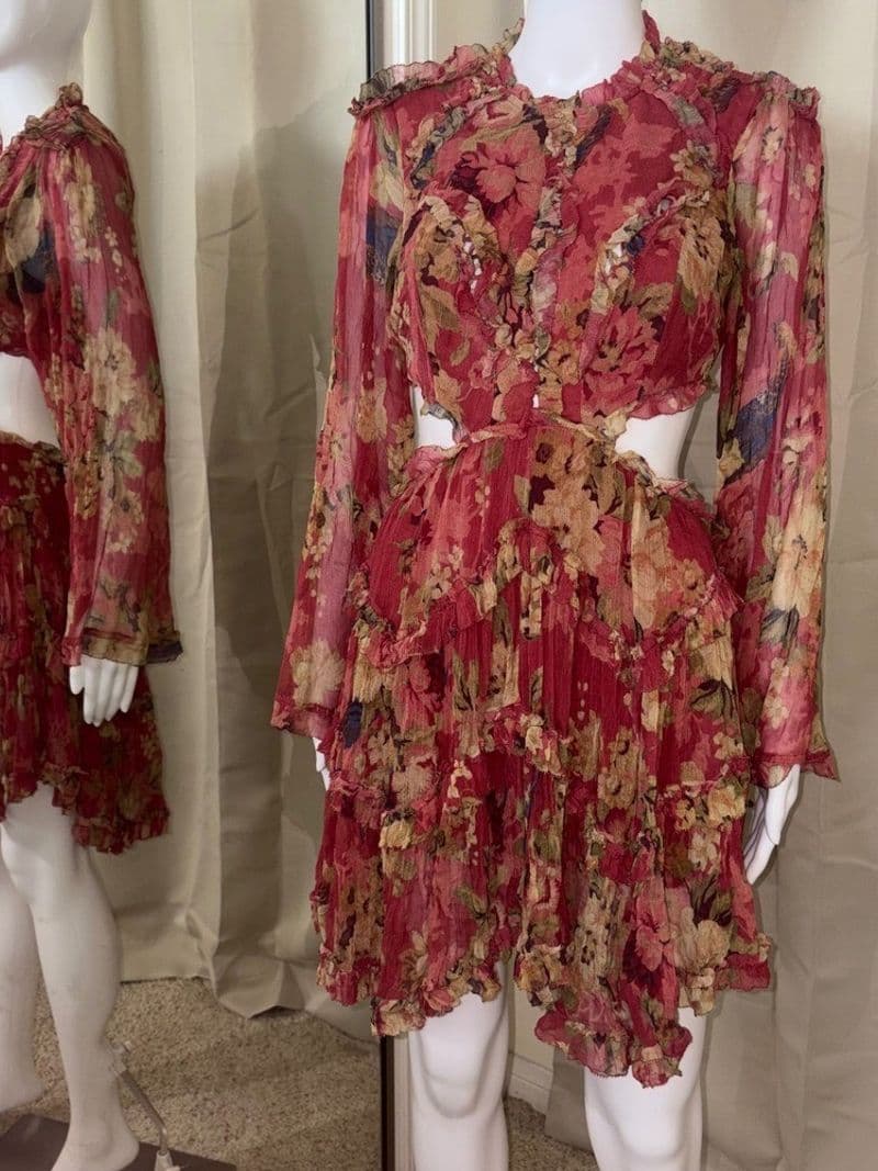 Zimmermann Red Floral Silk Cut Out Ruffle Mini Dress Open Back Size 3 — photo 1