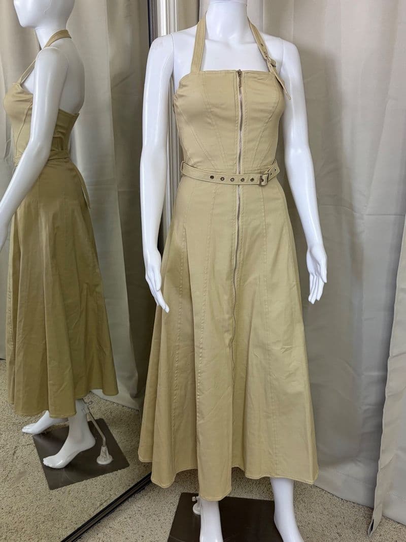 Nicholas The Label Tan Cotton Halter Midi Dress Zipper Front Belted 2 — photo 1