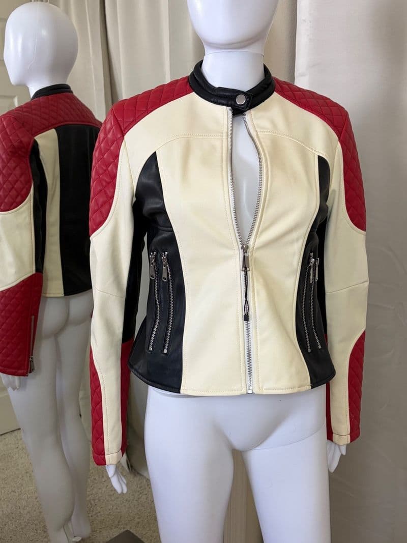 Zara Colorblock Faux Leather Moto Jacket Red Cream Black Quilted Biker Small — photo 1
