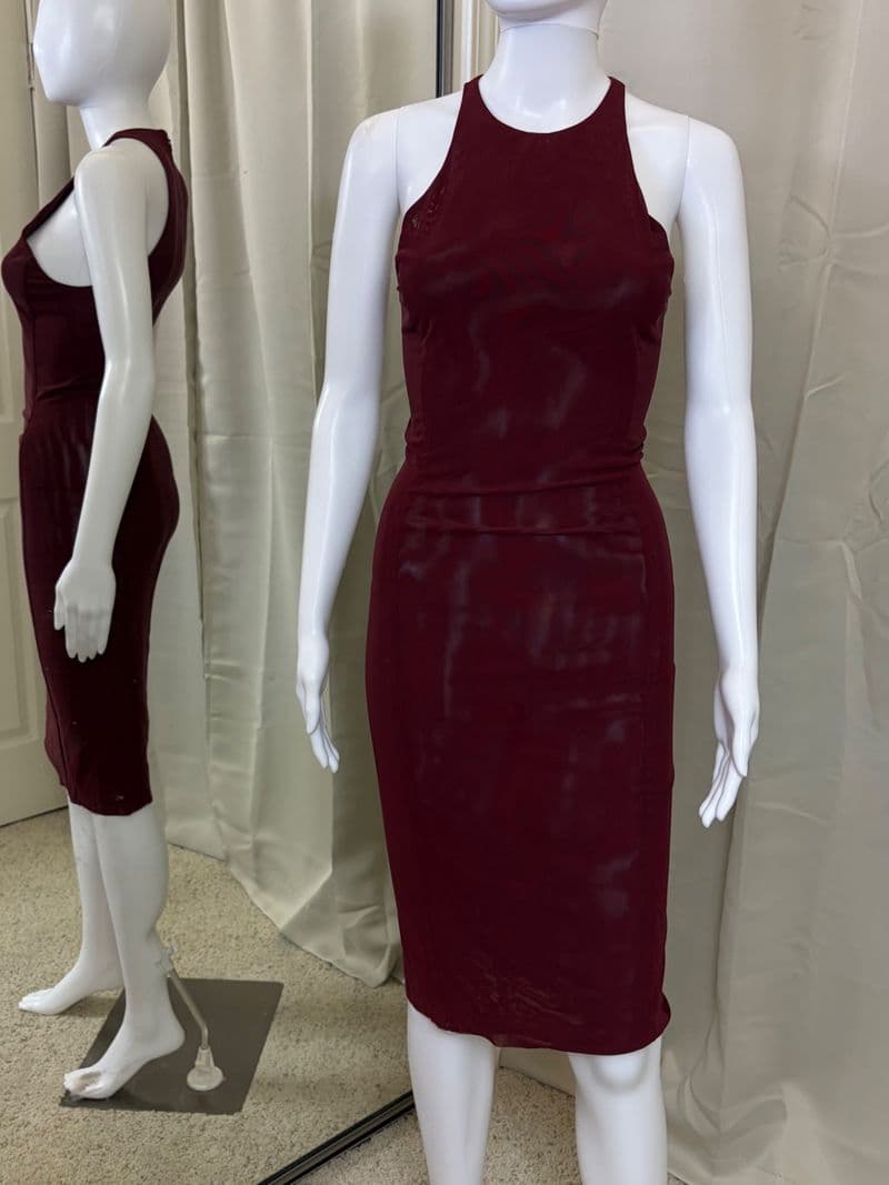 August Getty Atelier Burgundy Mesh Bodycon Midi Dress Racerback Wine Sleeveless — photo 1
