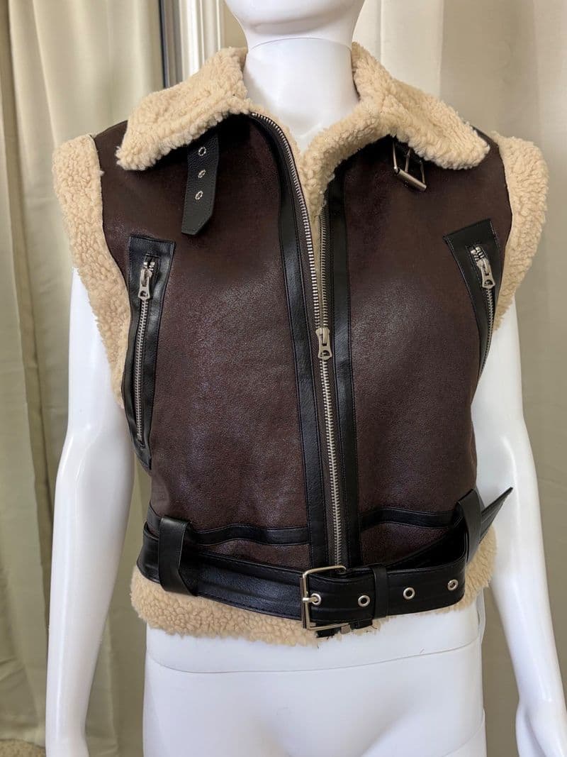 Commense Faux Leather Sherpa Aviator Vest Brown XS Biker Shearling Cropped — photo 1