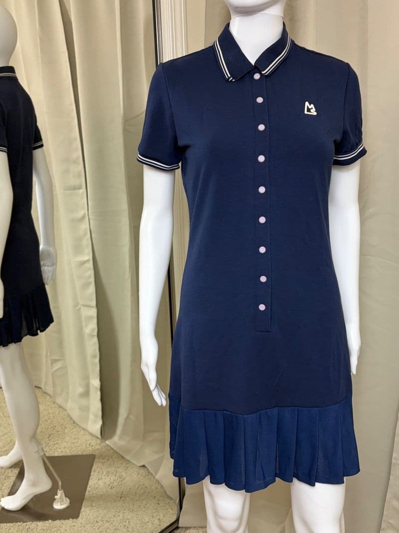 Magnlens Navy Blue Polo Dress Short Sleeve Pleated Mesh Hem Sporty Size M — photo 1
