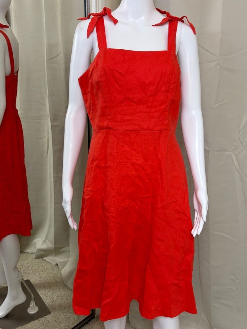 Saks Fifth Avenue Red Linen Tie Shoulder Smocked Midi Dress Womens Medium — photo 1