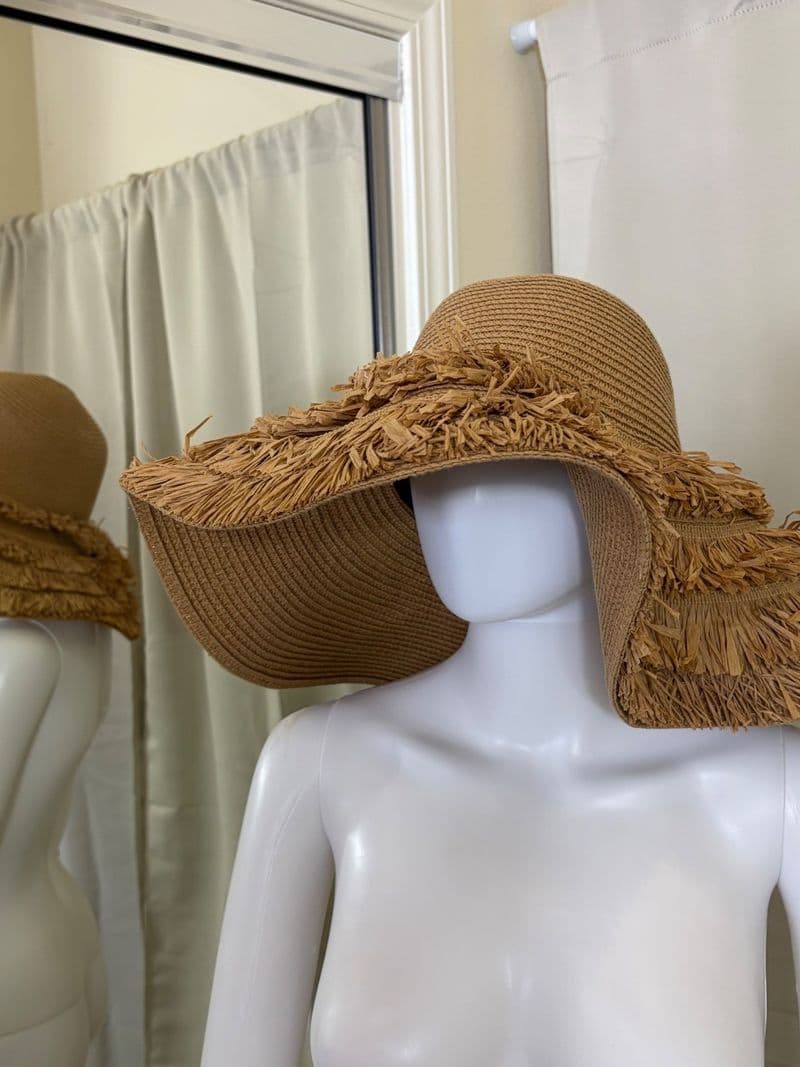 Ernestina & Macorina Tan Woven Wide Brim Straw Sun Hat Frayed Raffia Fringe Boho — photo 1